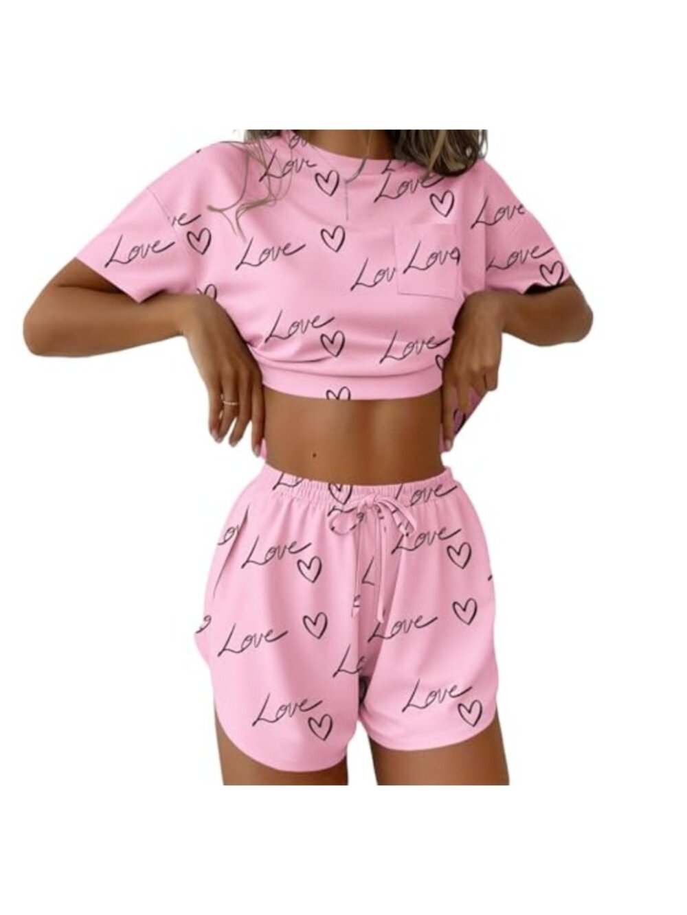 Womens 2 Piece Pajama Set Short Sleeve Top Side Split High Waist Shorts Lounge